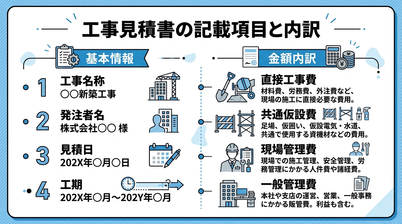 インフォグラフィック：工事見積書の記載項目と内訳