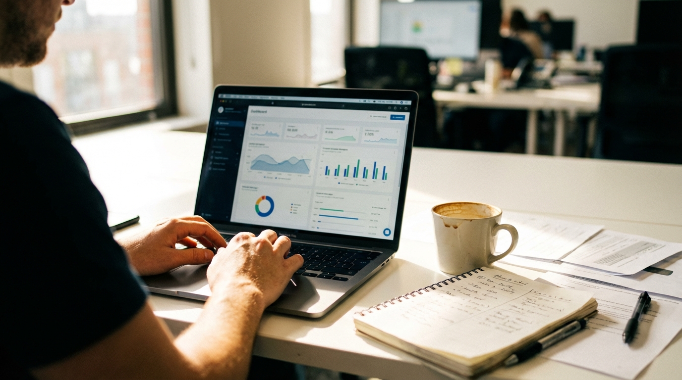 ノートパソコンでダッシュボードを確認するビジネスパーソン