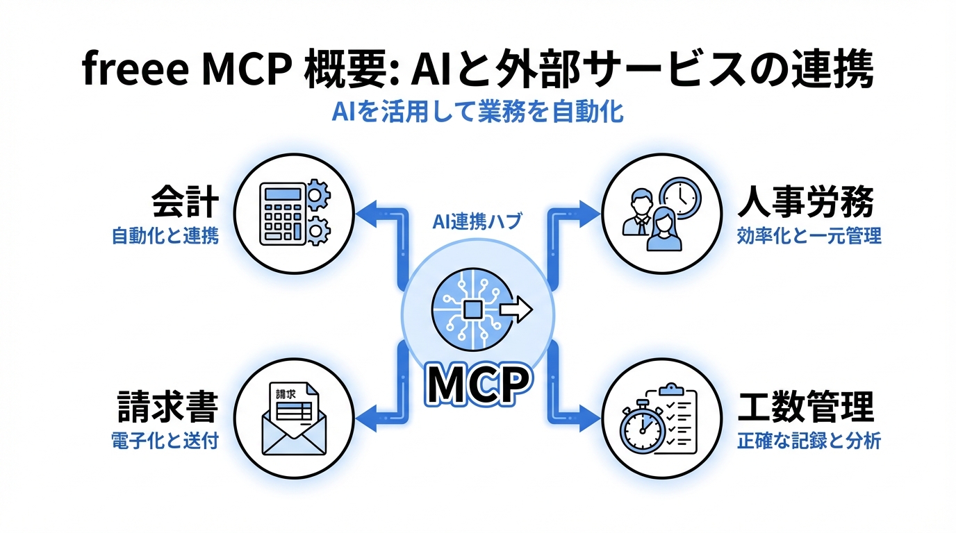 インフォグラフィック：freee MCPの概要（AIと外部サービスをつなぐ仕組み）