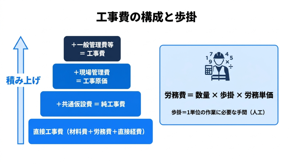 工事費の構成(4階層)と歩掛の計算方法