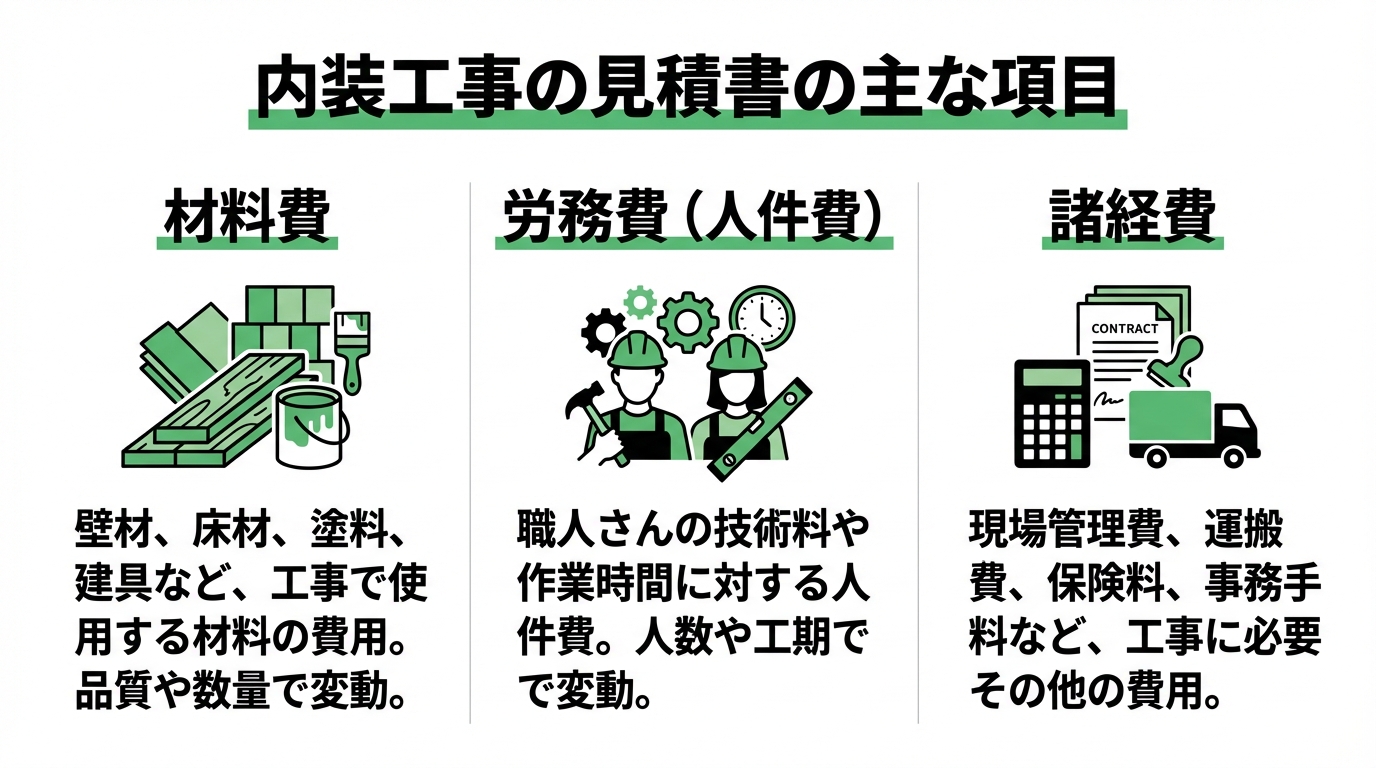 インフォグラフィック：内装工事の見積書に含まれる主な項目