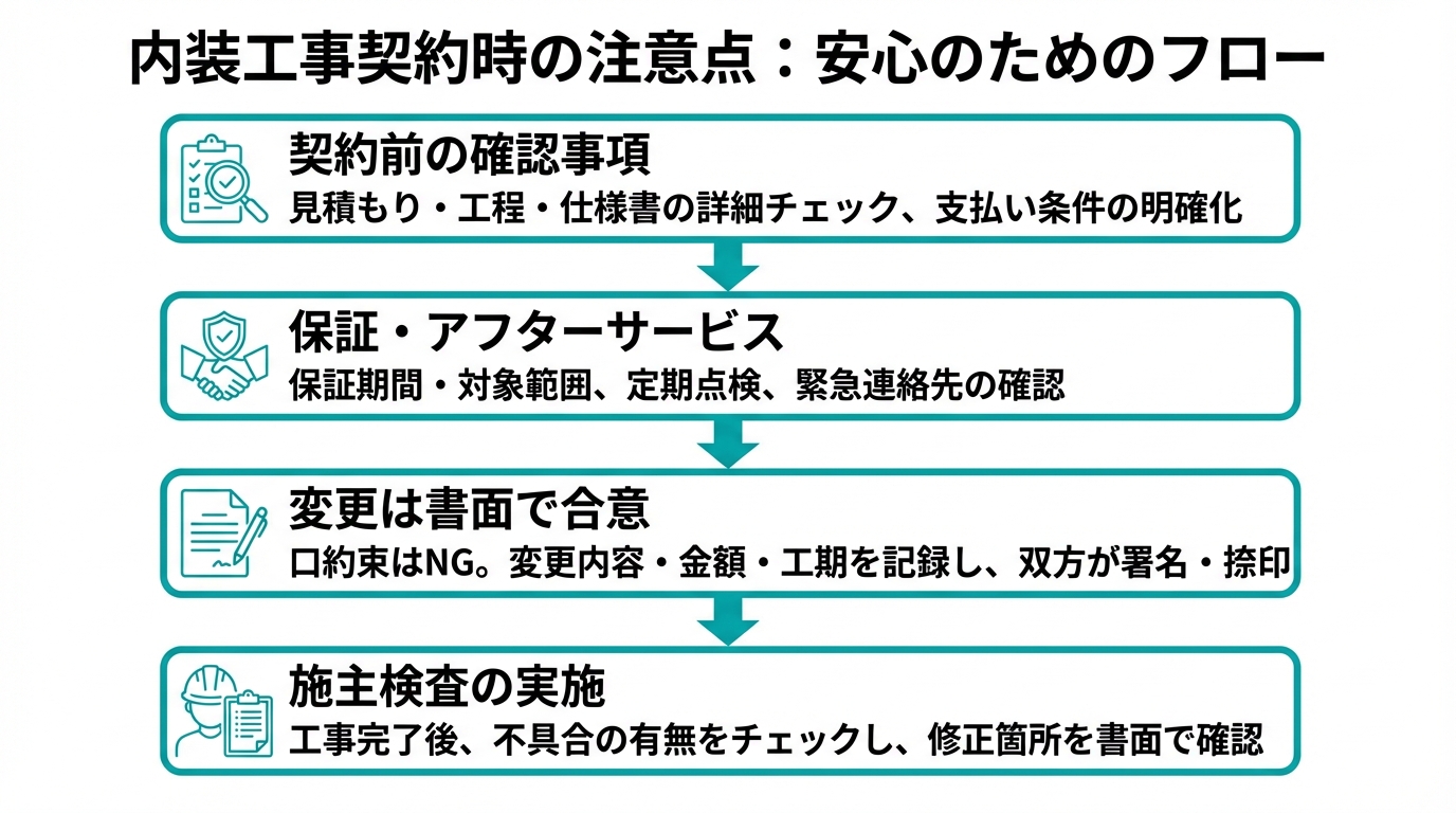 インフォグラフィック：内装工事の見積もり後の流れと契約の注意点
