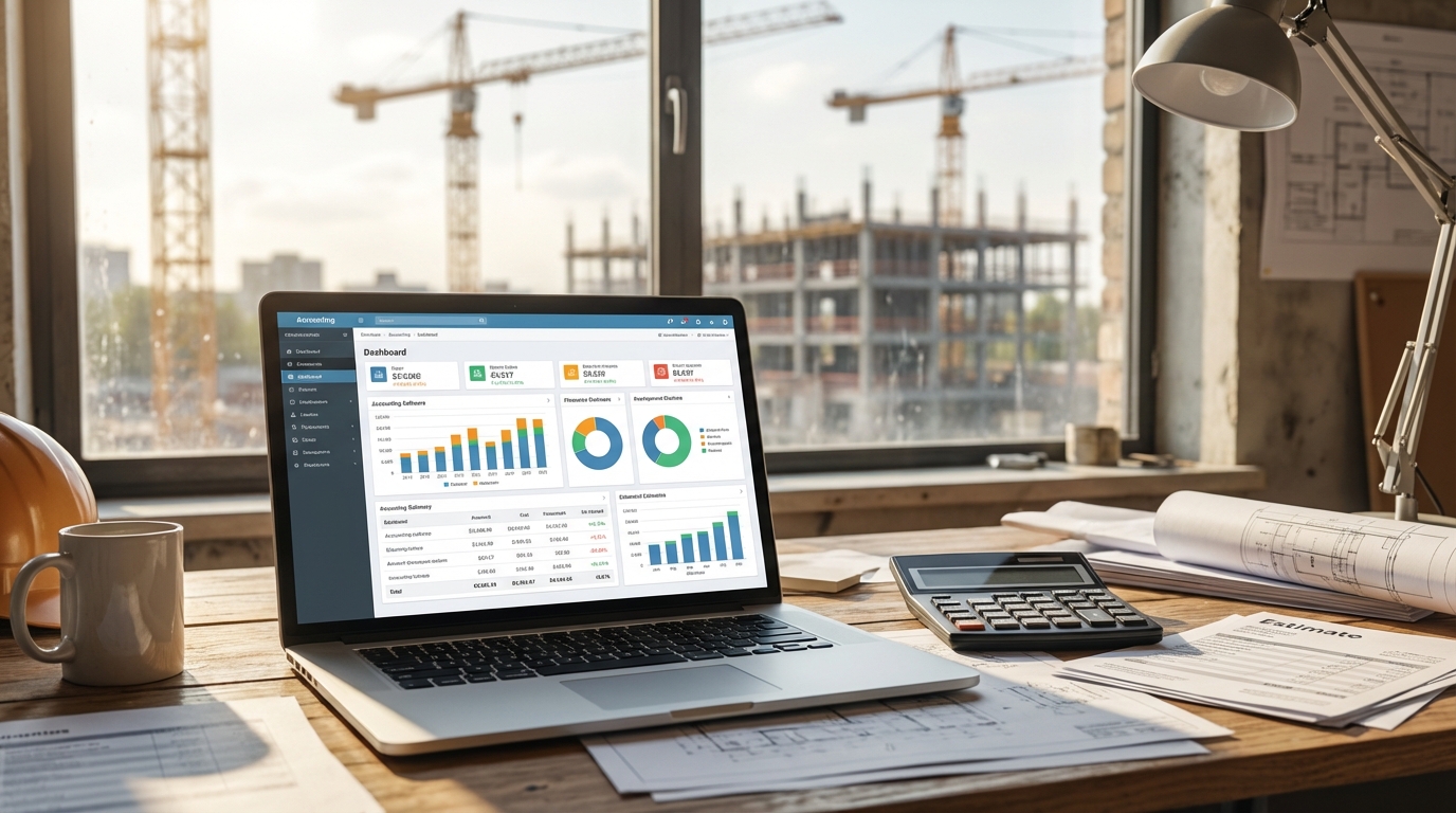 建設会社の事務所でノートパソコンの会計ソフト画面を確認するデスク