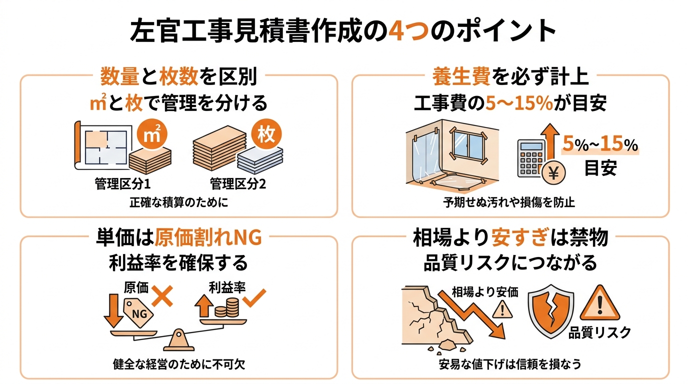 インフォグラフィック：左官工事見積書作成の4つのポイント