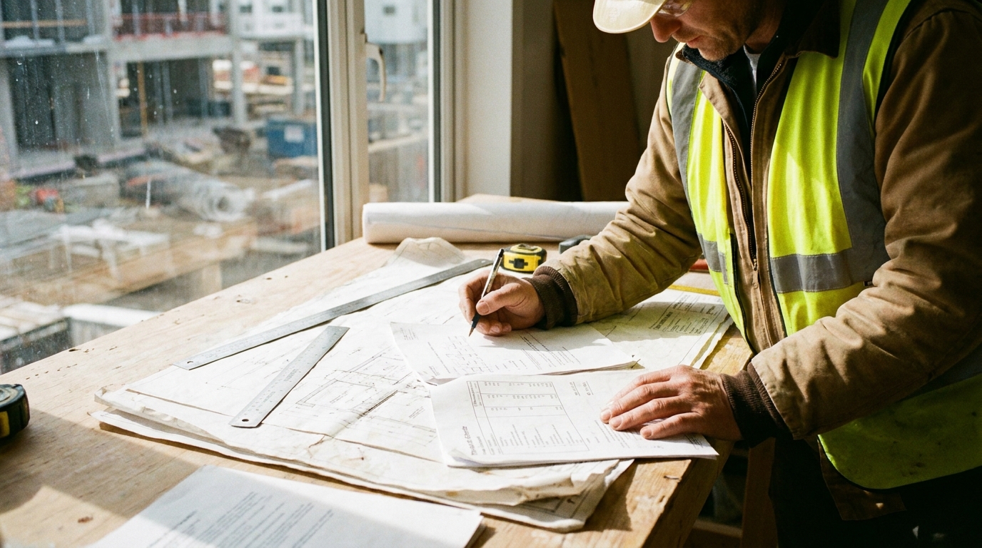 写真：現場で打ち合わせをする建設業者