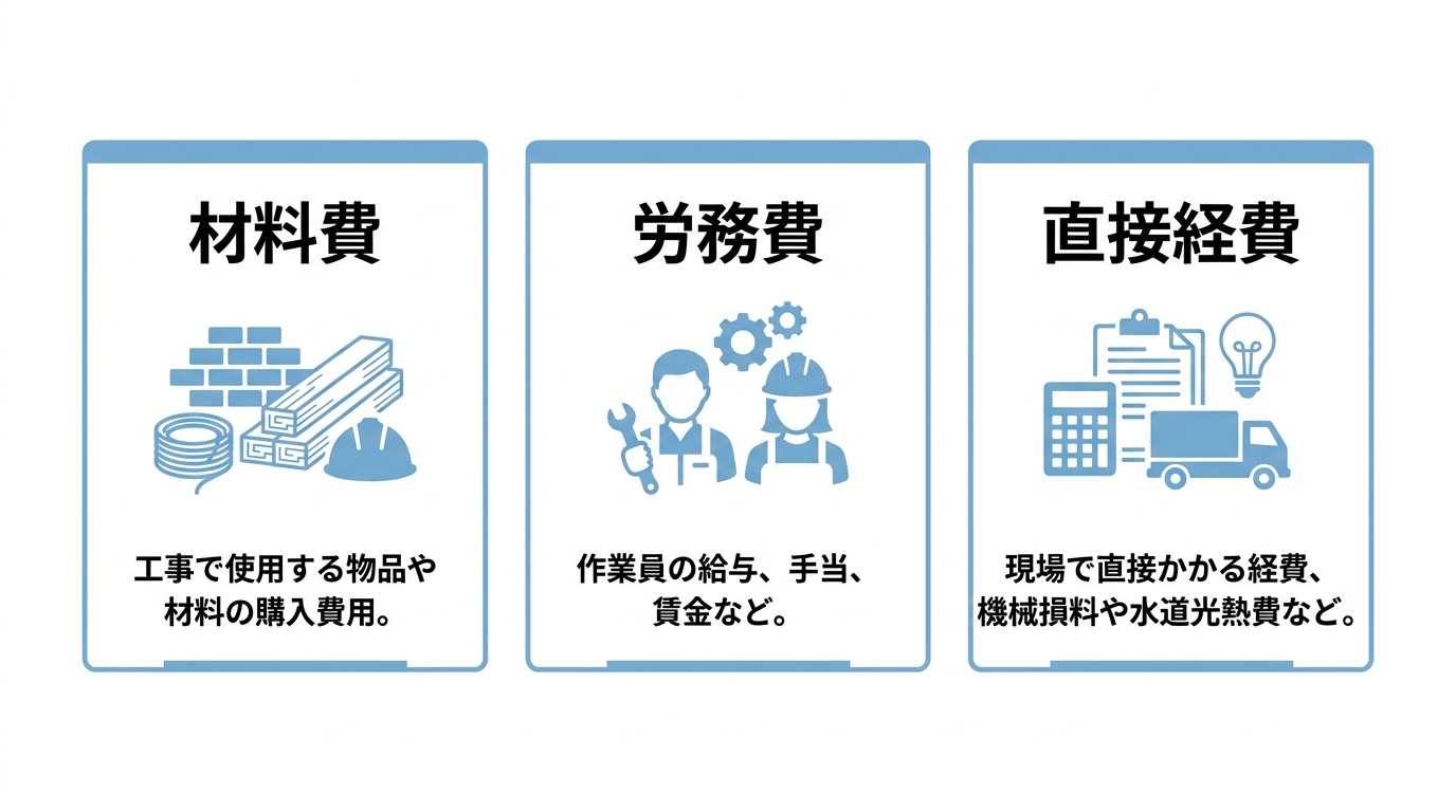インフォグラフィック:直接工事費の構成要素(材料費・労務費・直接経費)