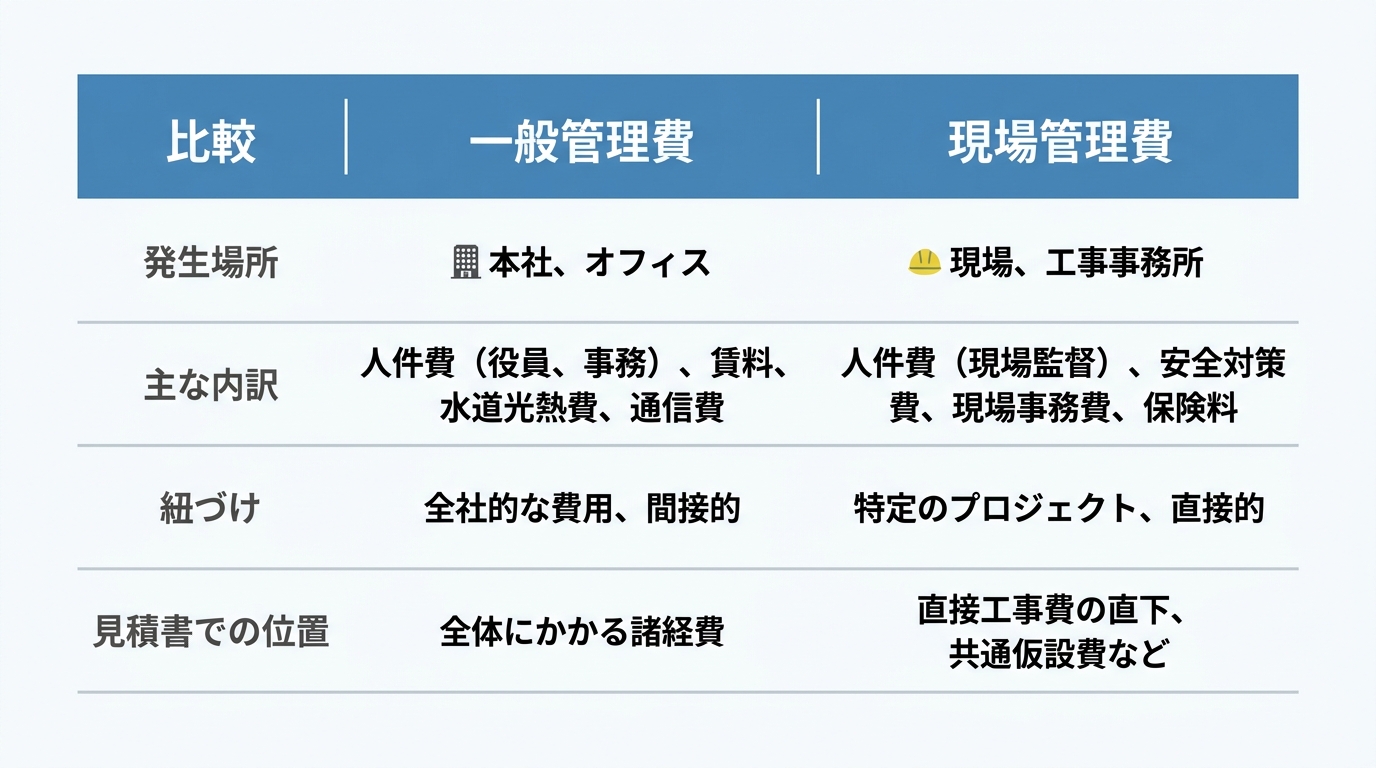 インフォグラフィック：一般管理費と現場管理費の違い