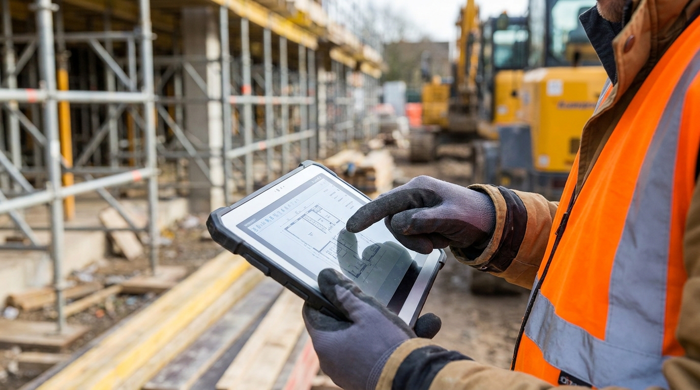 建設現場でタブレットを操作する作業員