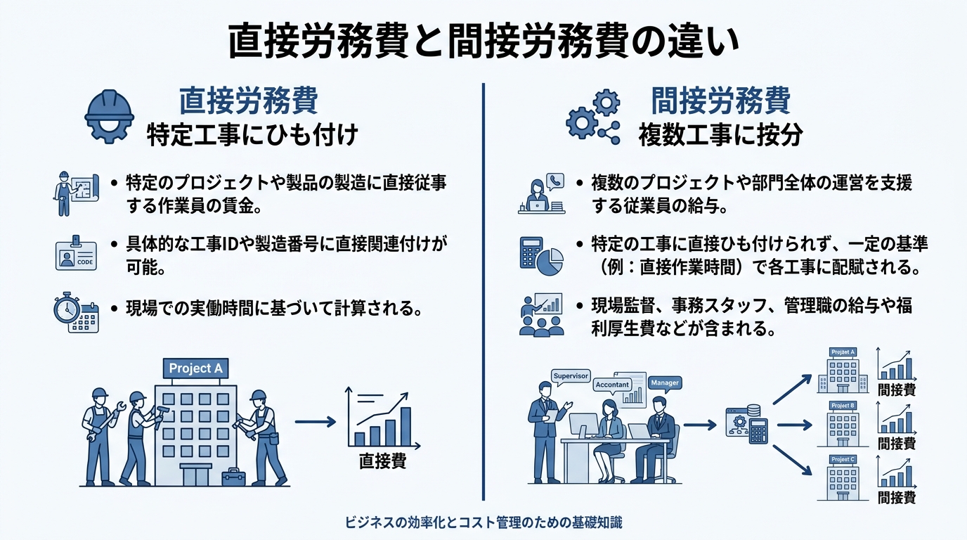 インフォグラフィック：直接労務費と間接労務費の違い