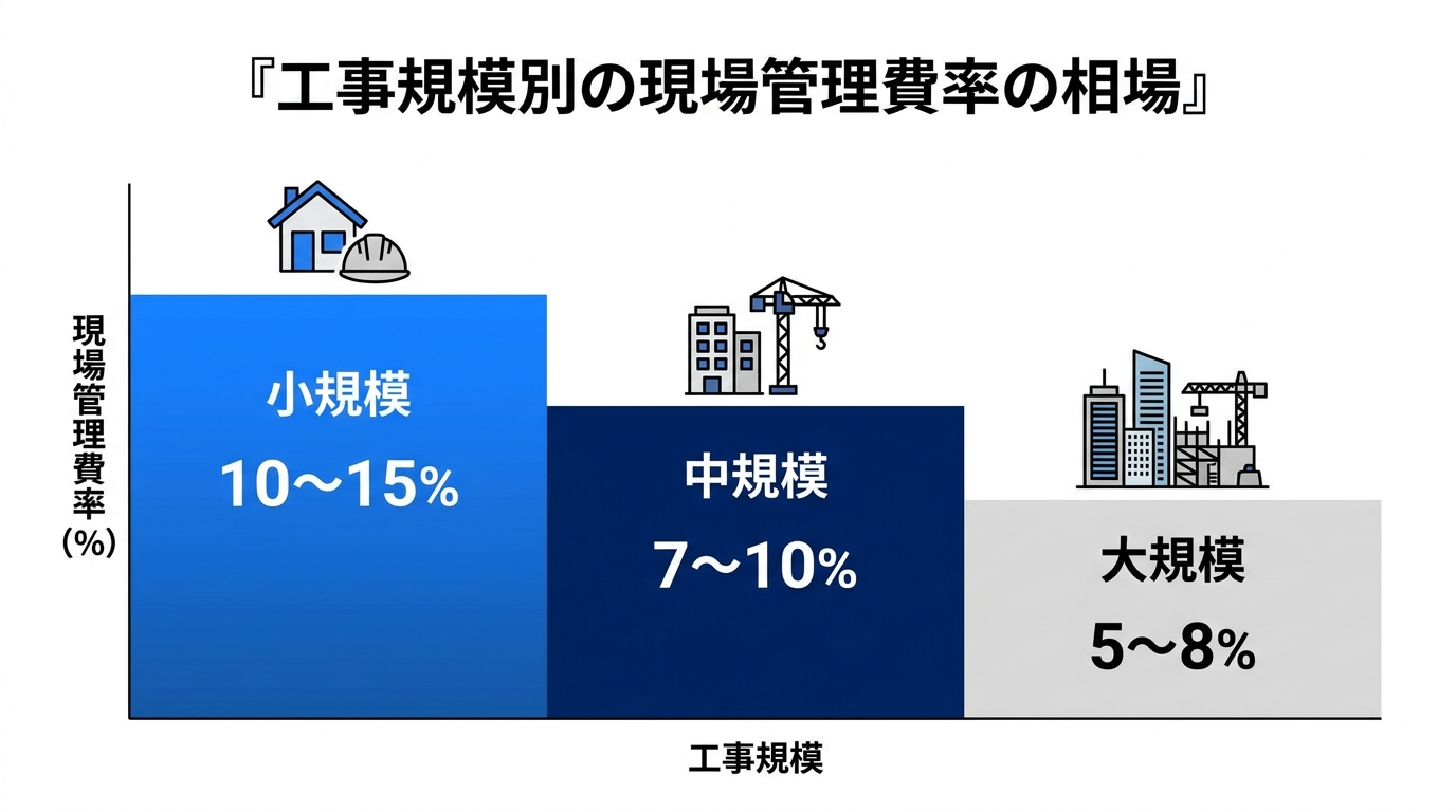 工事規模別の現場管理費率の相場を示した図。小規模10〜15%、中規模7〜10%、大規模5〜8%と規模が大きいほど率が下がる