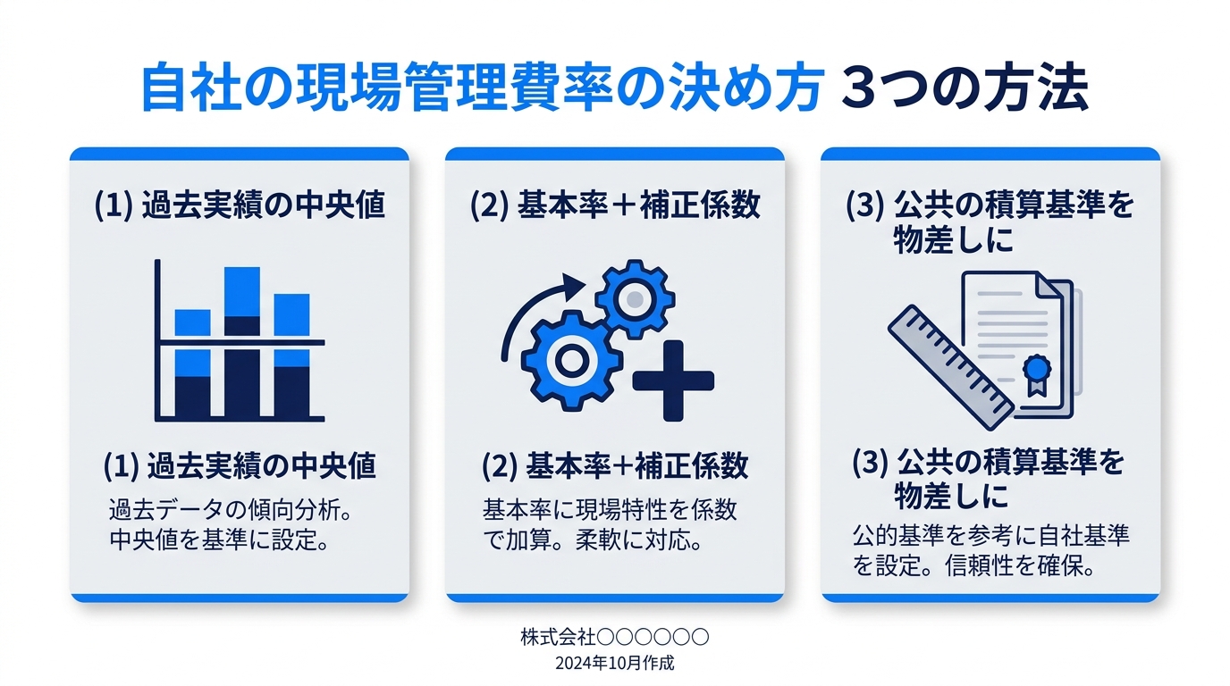 自社の現場管理費率の決め方3つの方法（過去実績の中央値・基本率＋補正係数・公共の積算基準を物差しに）を示したインフォグラフィック