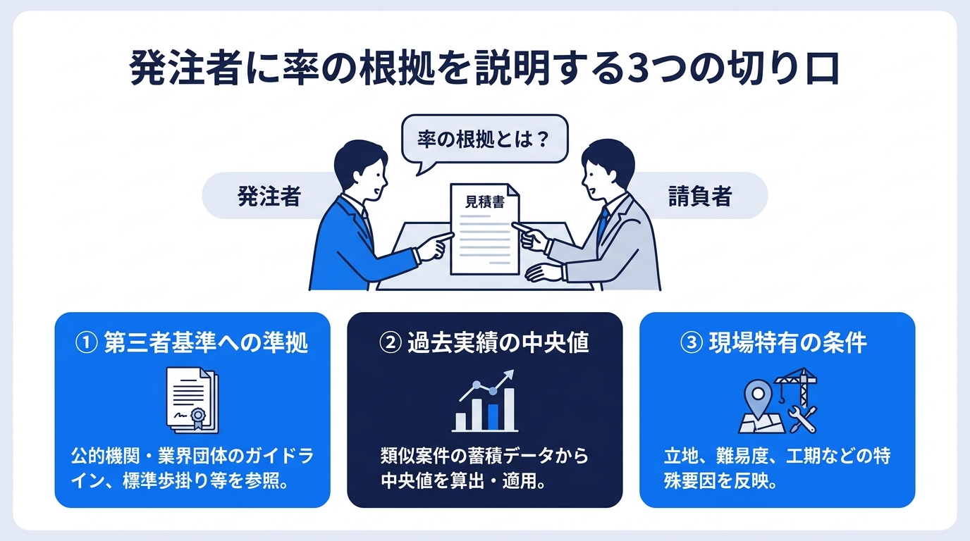 発注者に現場管理費率の根拠を説明する3つの切り口（第三者基準への準拠・過去実績の中央値・現場特有の条件）を示したインフォグラフィック