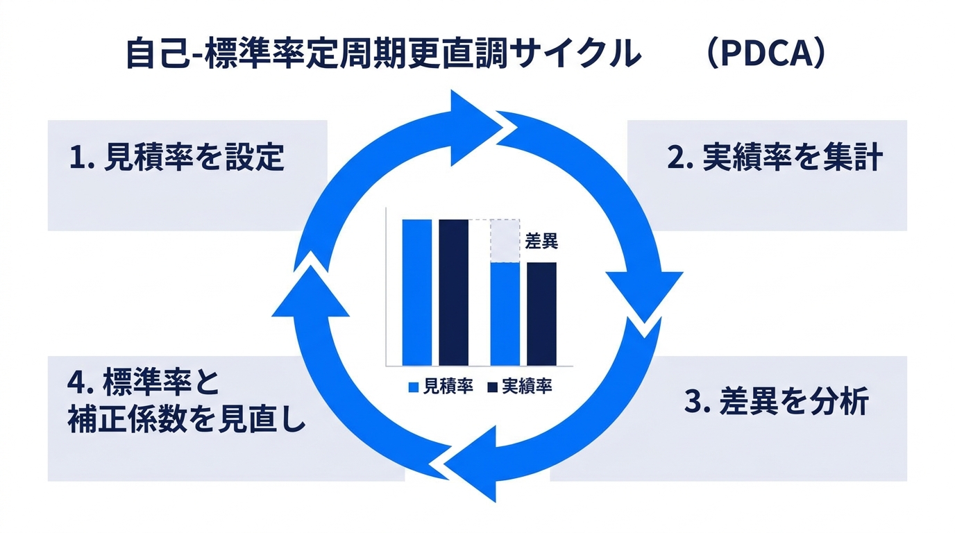 自社標準率を見直すPDCAサイクル（見積率の設定→実績率の集計→差異分析→標準率と補正係数の見直し）を示した図