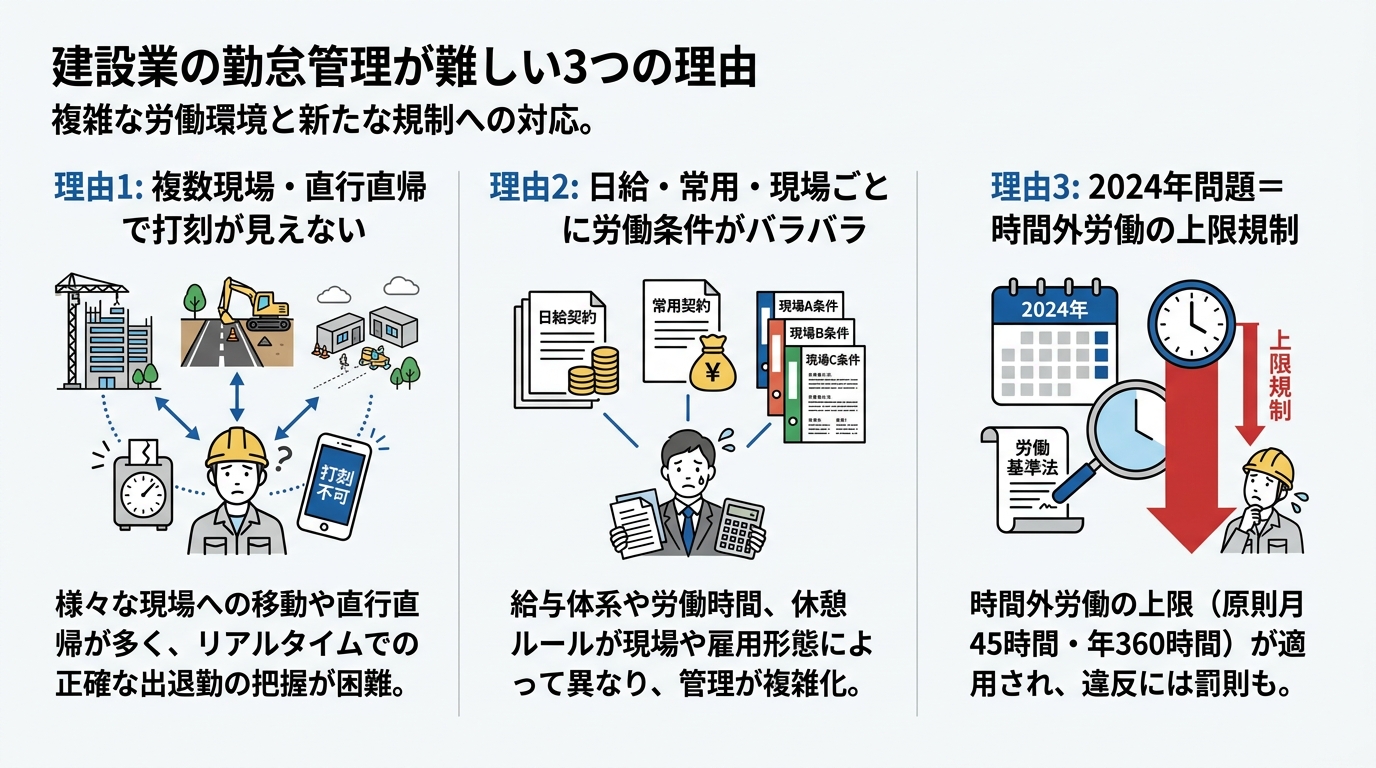 建設業の勤怠管理が難しい3つの理由(複数現場・直行直帰、現場ごとに異なる労働条件、2024年問題)を示すインフォグラフィック