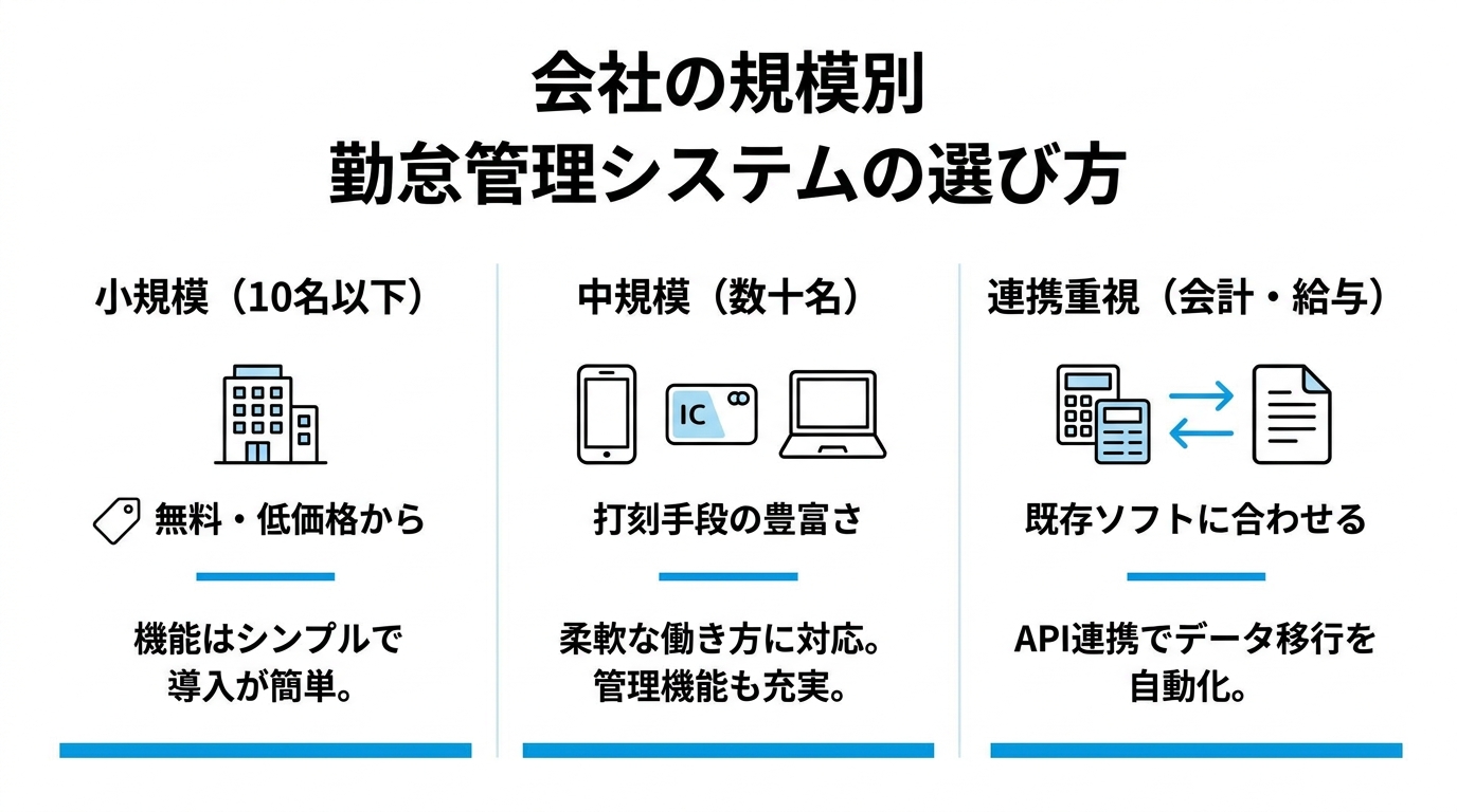 会社の規模別(10名以下・数十名規模・会計連携重視)の勤怠管理システムの選び方を示すインフォグラフィック