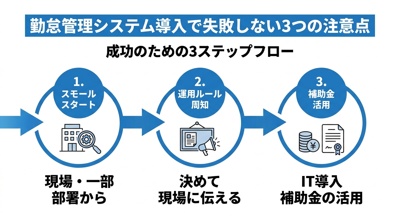 勤怠管理システム導入で失敗しない3つの注意点(スモールスタート・運用ルール周知・IT導入補助金)のフロー図
