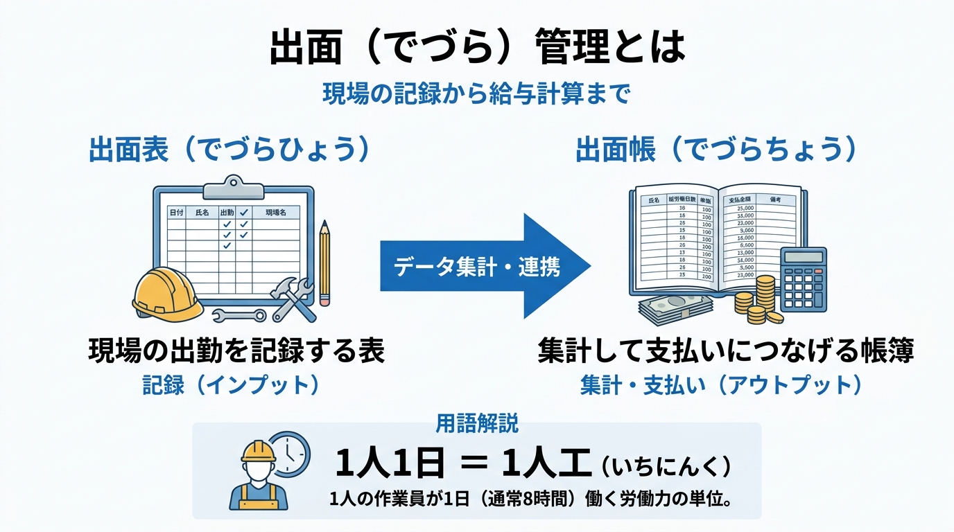 出面表と出面帳の違いや1人工の意味を整理した出面管理の概念図