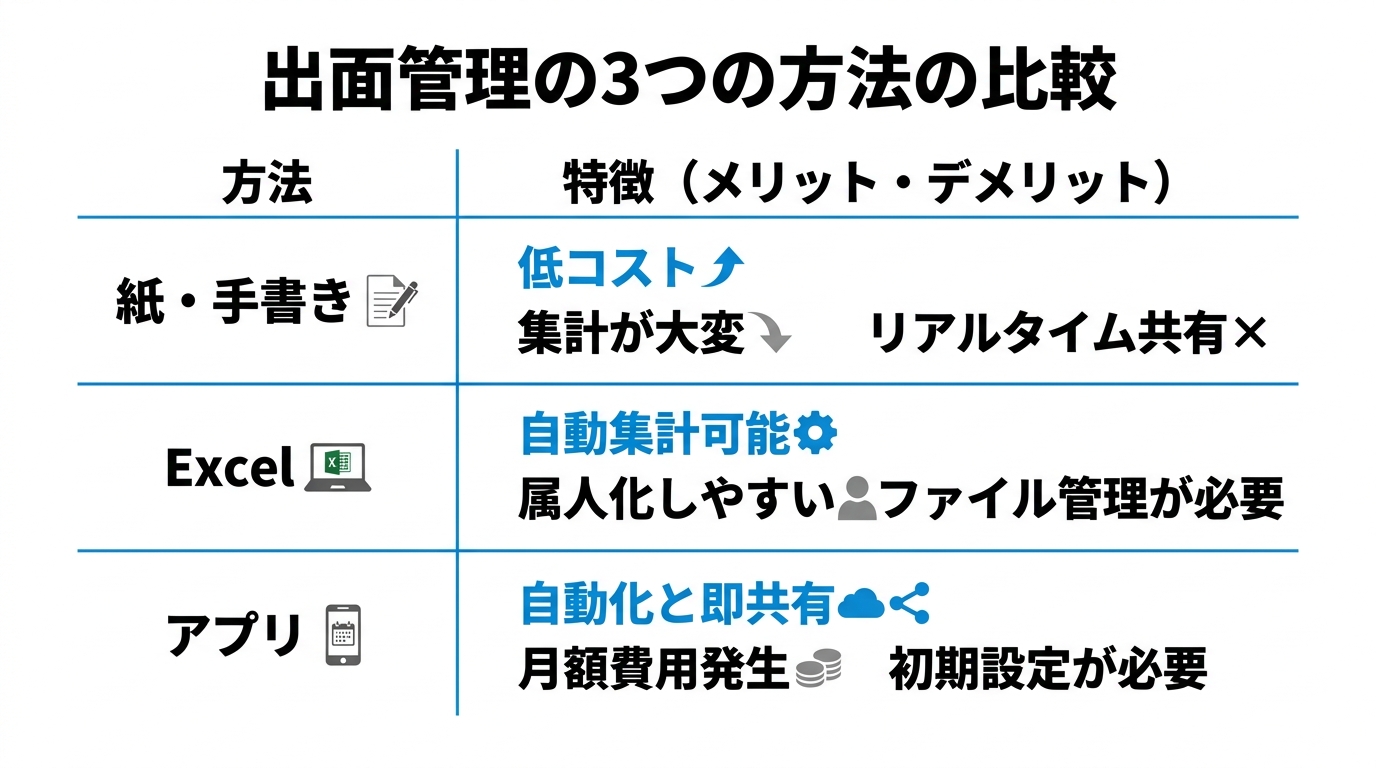 紙・Excel・アプリの3つの出面管理方法をメリットとデメリットで比較した表
