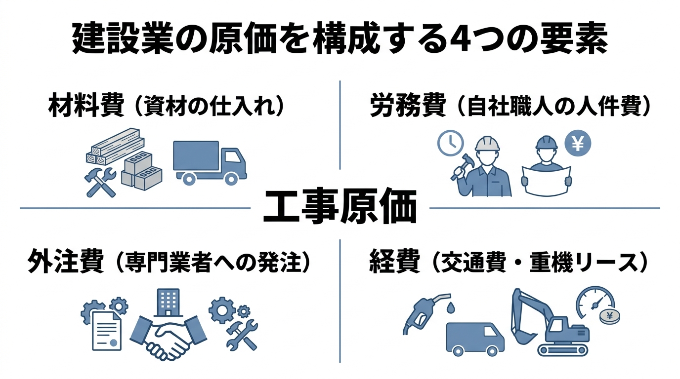 建設業の工事原価を構成する4要素（材料費・労務費・外注費・経費）を示した概念図
