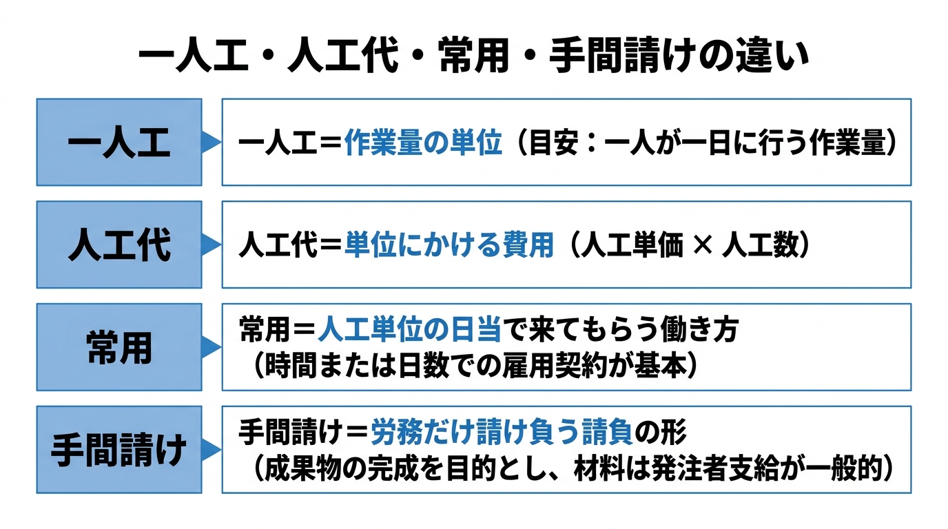 インフォグラフィック：一人工と人工代・常用・手間請けの違い