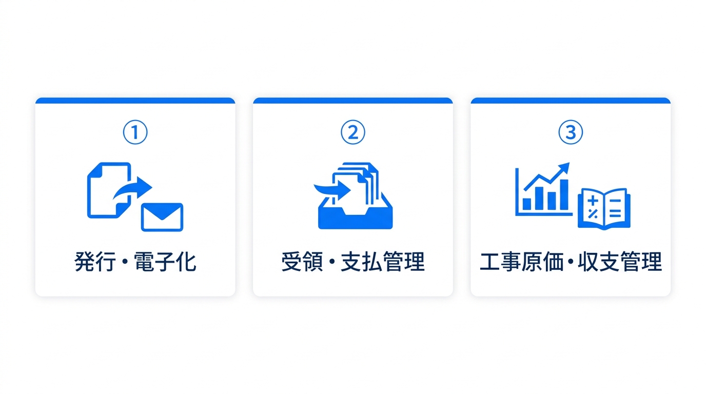 建設業向け請求書ソフトを発行・電子化型、受領・支払管理型、工事原価・収支管理型の3タイプに分類した図