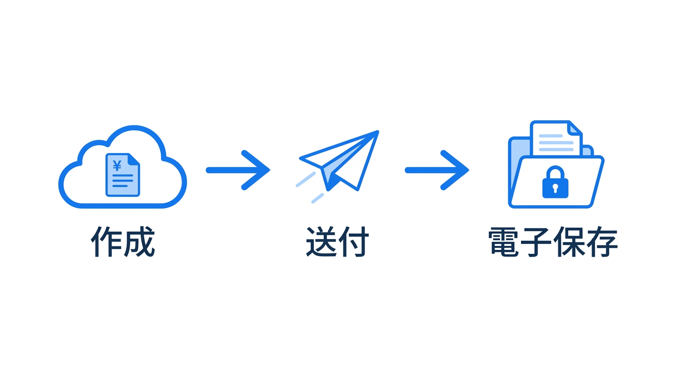 クラウドで請求書を作成・送付・電子保存する流れを左から右へ3ステップで示したフロー図