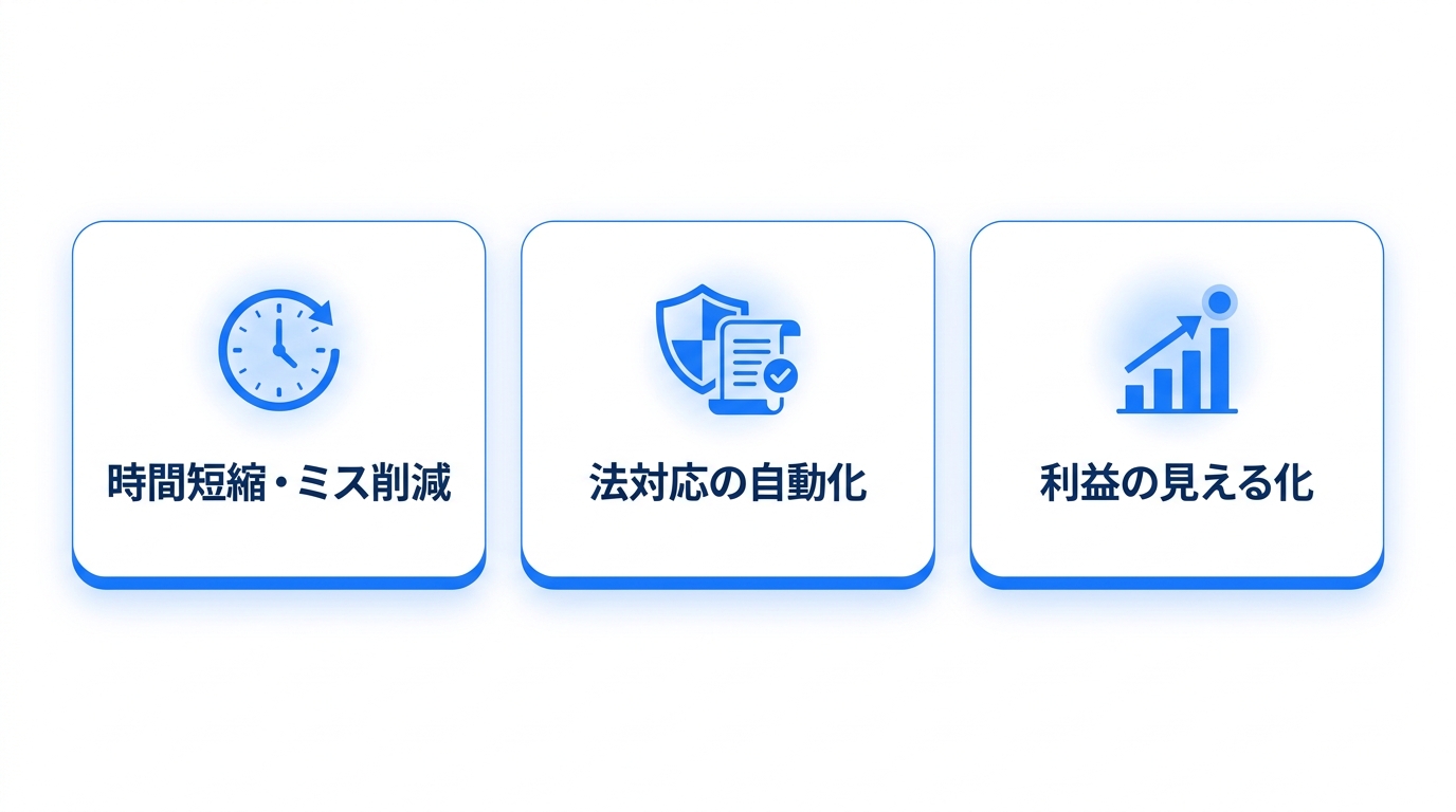 請求書ソフト導入のメリットを時間短縮とミス削減・法対応の自動化・利益の見える化の3つで示した図