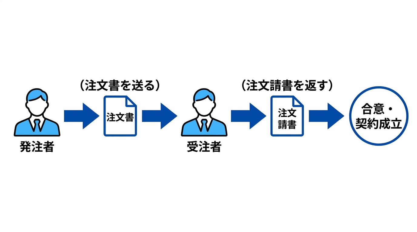 発注者が注文書を送り受注者が注文請書を返して合意が成立する流れを示したフロー図