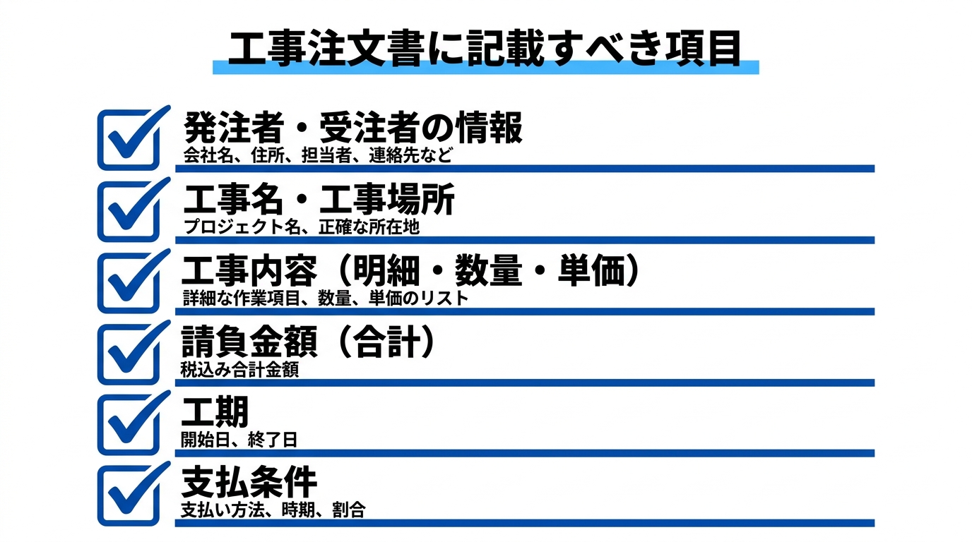 工事注文書に記載すべき項目（発注者受注者情報・工事内容・請負金額・工期・支払条件）を並べたチェックリスト図