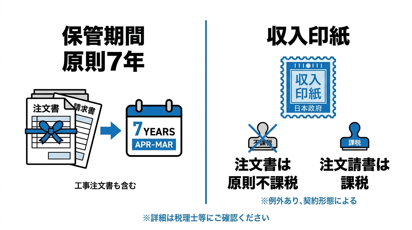 工事注文書の保管期間7年と収入印紙の扱い（注文書は不課税・注文請書は課税）を整理した図