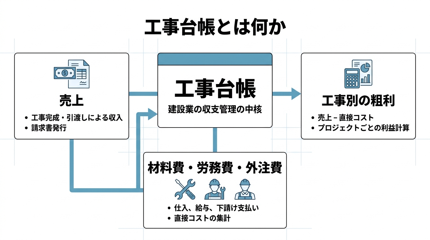 工事台帳を中心に、売上・材料費や労務費・工事別の粗利の関係を示した概念図