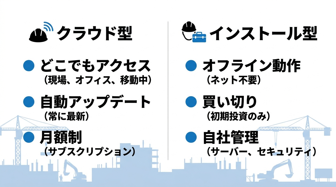 クラウド型とインストール型の工事台帳ソフトを初期費用や法改正対応などで対比した比較表