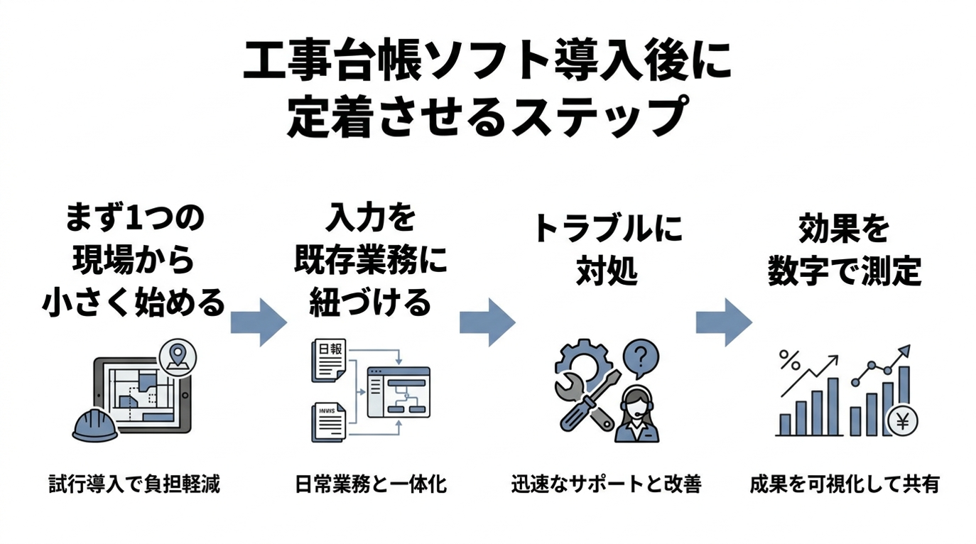 工事台帳ソフトを導入後に定着させる4ステップ(小さく始める→業務に紐づける→トラブル対処→効果測定)のフロー図