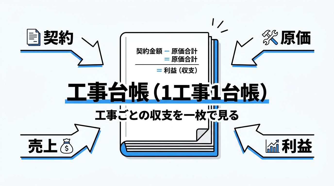 工事台帳が1工事ごとに契約・売上・原価・利益を集約することを示したインフォグラフィック
