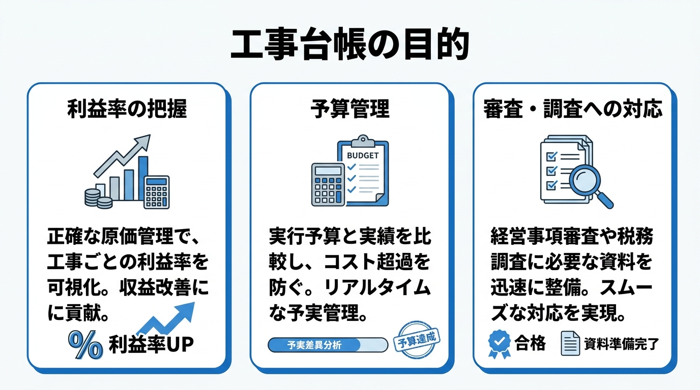 工事台帳の目的（利益率の把握・予算管理・経営事項審査や税務調査への対応）を示した図
