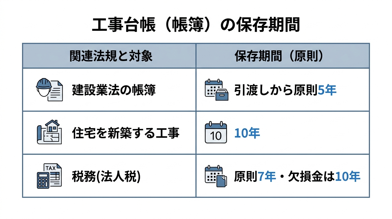 工事台帳（帳簿）の保存期間を建設業法5年・住宅新築10年・税務7年で比較した表