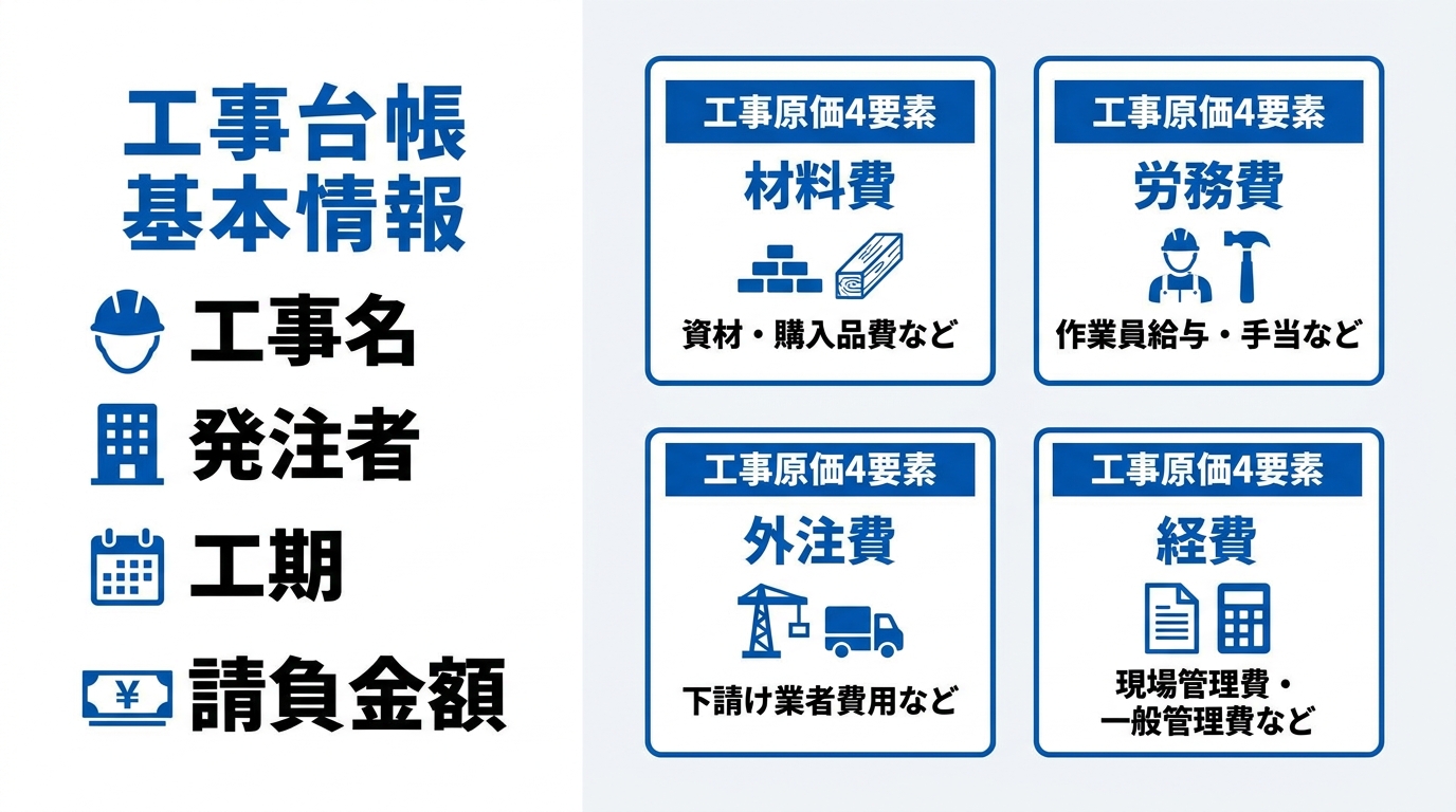 工事台帳に記載する基本情報と工事原価の4要素（材料費・労務費・外注費・経費）を示した図