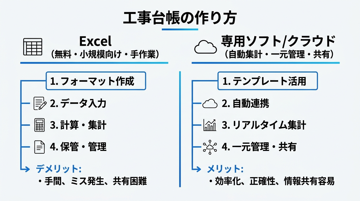 工事台帳の作り方をExcelと専用ソフトで比較したインフォグラフィック