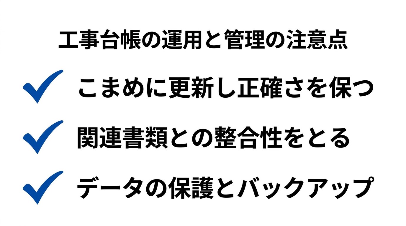 工事台帳の運用と管理の注意点3つ（更新・関連書類との整合・データ保護）を示したチェックリスト図