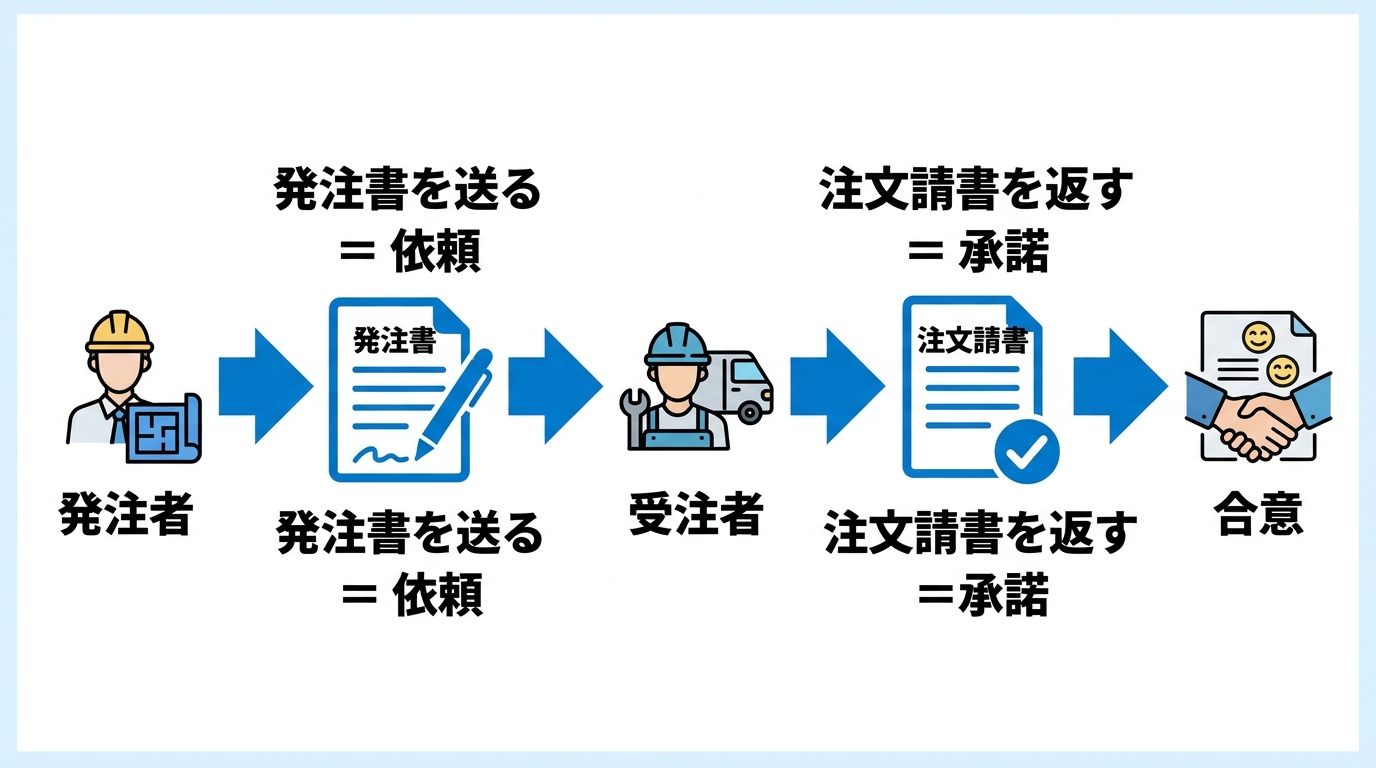 発注者が発注書で依頼し受注者が注文請書で承諾して合意が成立する流れを示したフロー図