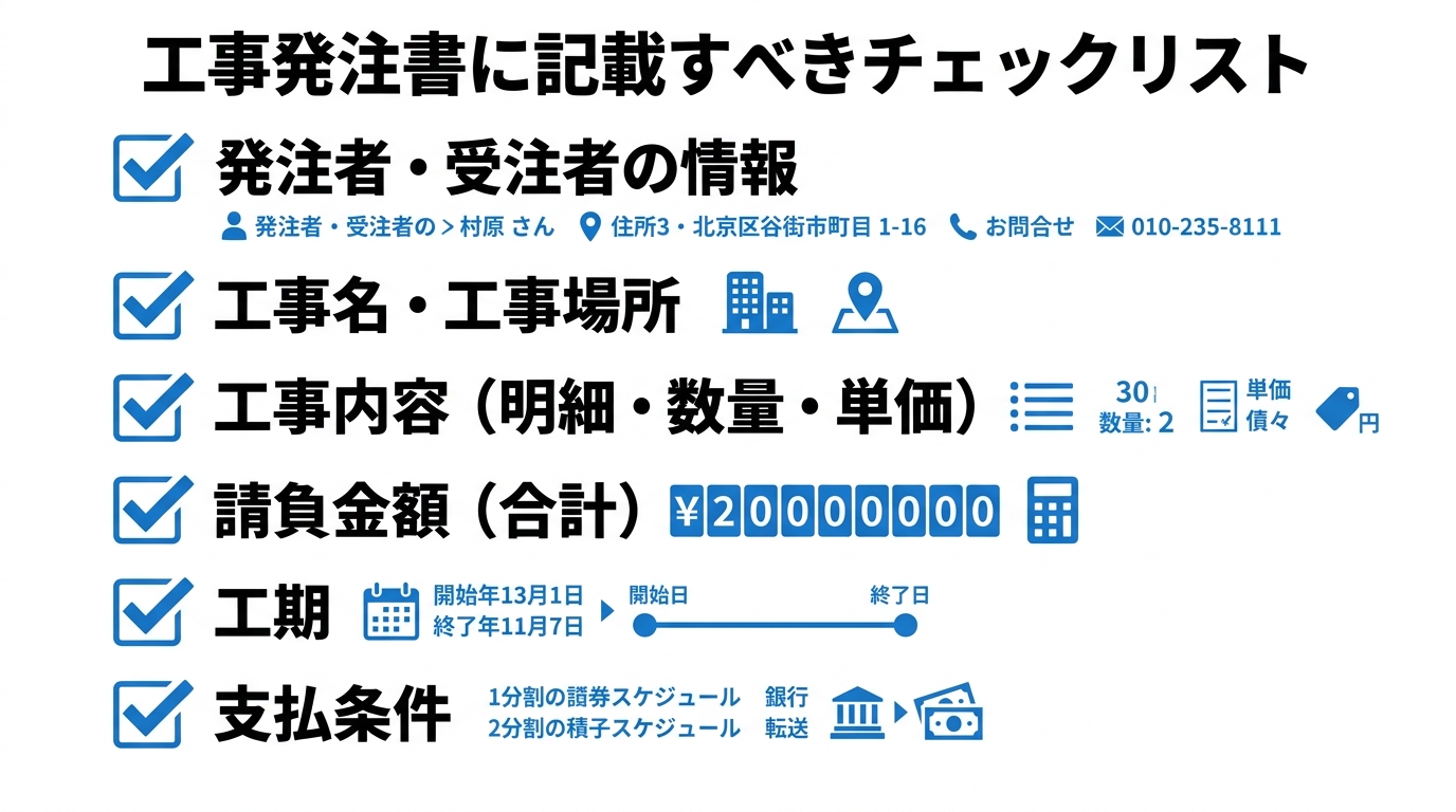 工事発注書に記載すべき項目（発注者受注者情報・工事内容・請負金額・工期・支払条件）を並べたチェックリスト図