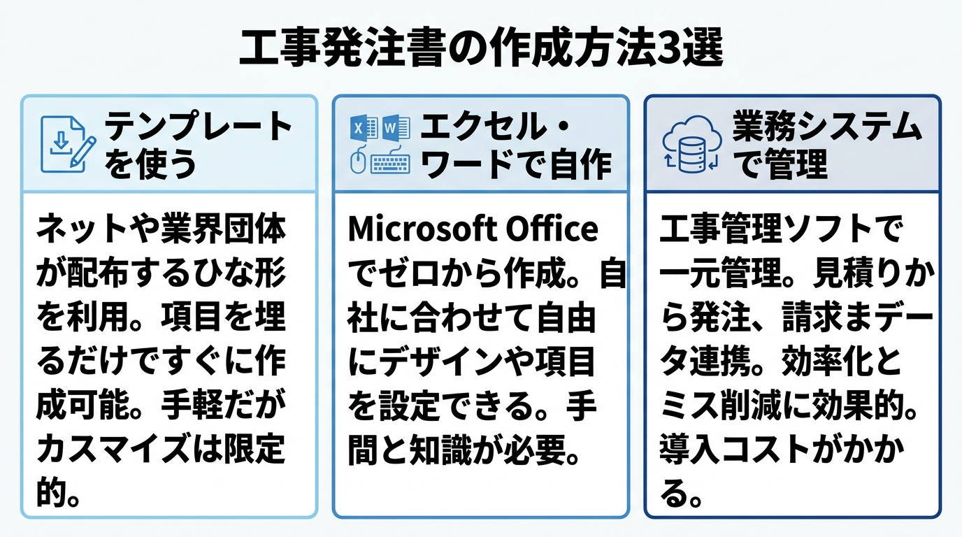 工事発注書の作成方法3つ（テンプレート・エクセル自作・業務システム）を比較した概念図