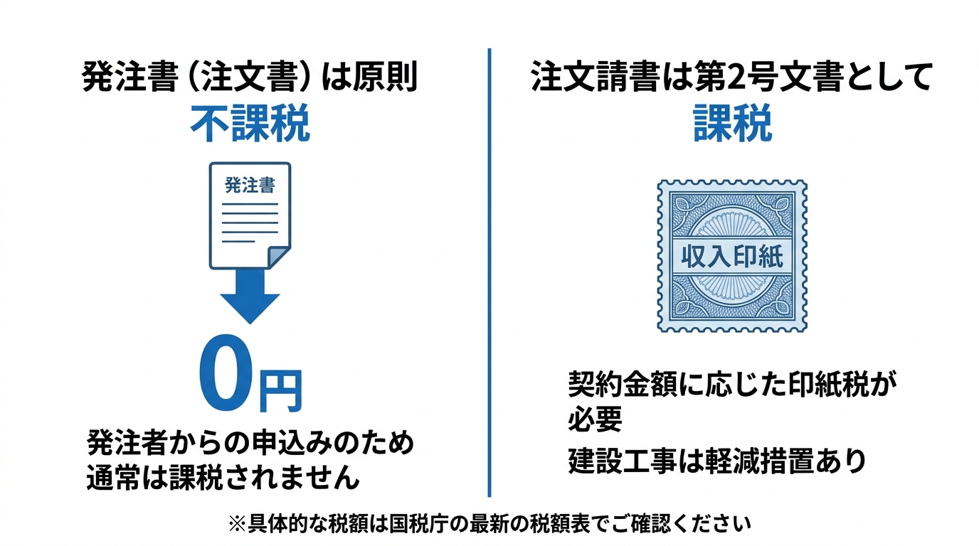 工事発注書と印紙税の関係（発注書は不課税・注文請書は第2号文書として課税）を整理した図