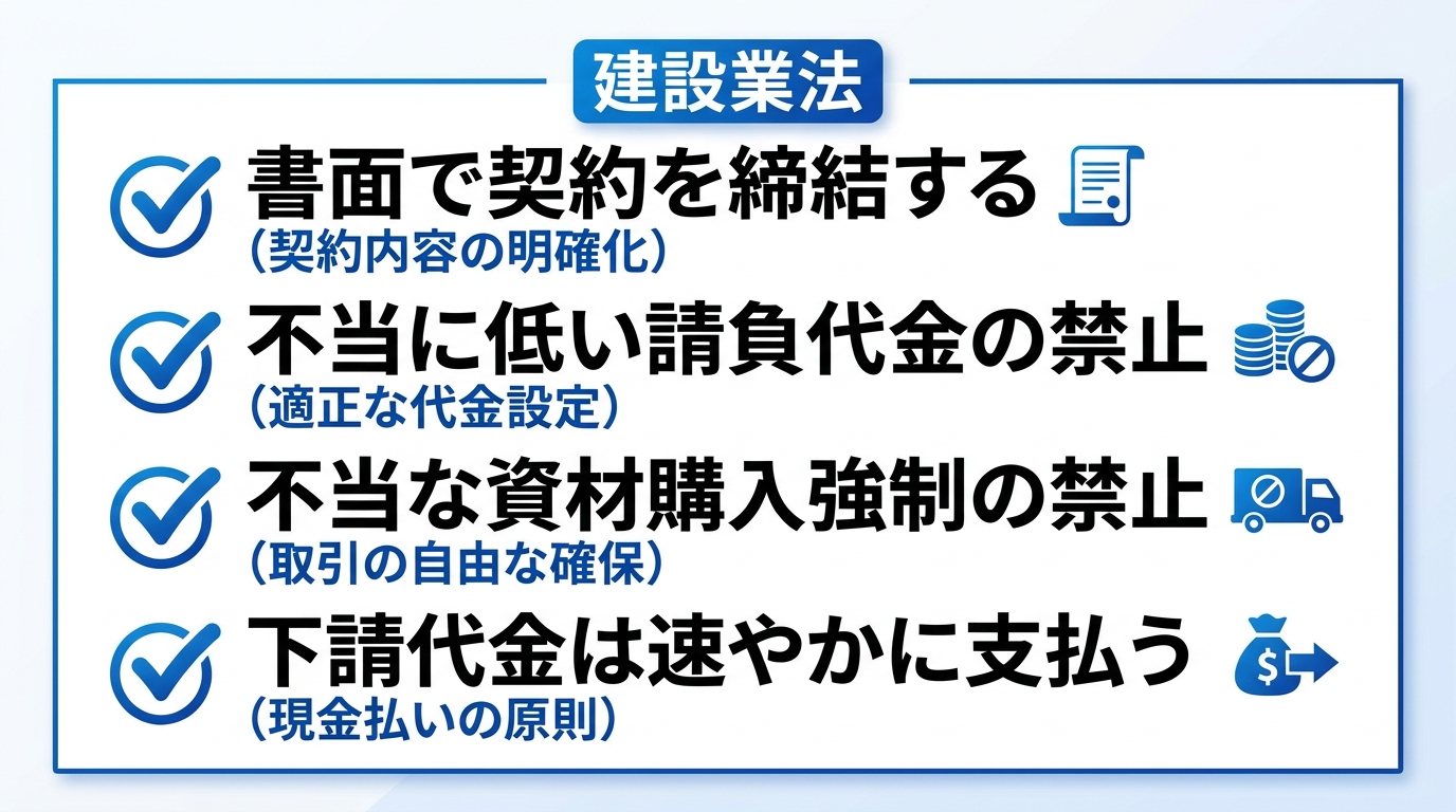 建設工事の下請取引で発注者が守る建設業法のルール（書面契約・不当に低い代金の禁止・支払期日）を並べたチェックリスト図