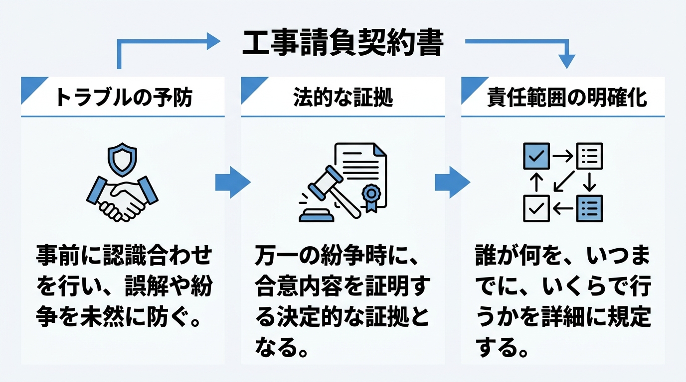 工事請負契約書が果たす3つの役割(トラブル予防・法的証拠・責任範囲の明確化)を示した概念図