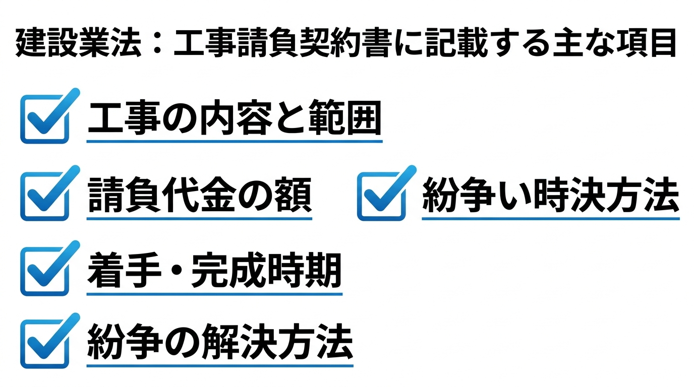 工事請負契約書に記載する建設業法上の主な項目を並べたチェックリスト図