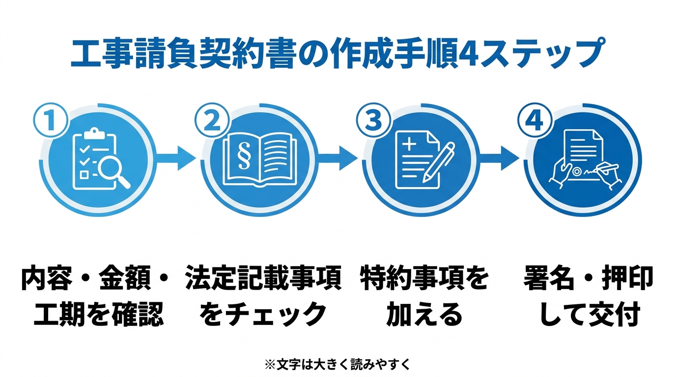 工事請負契約書の作成手順4ステップ(内容確認→記載事項チェック→特約追加→署名押印)のフロー図