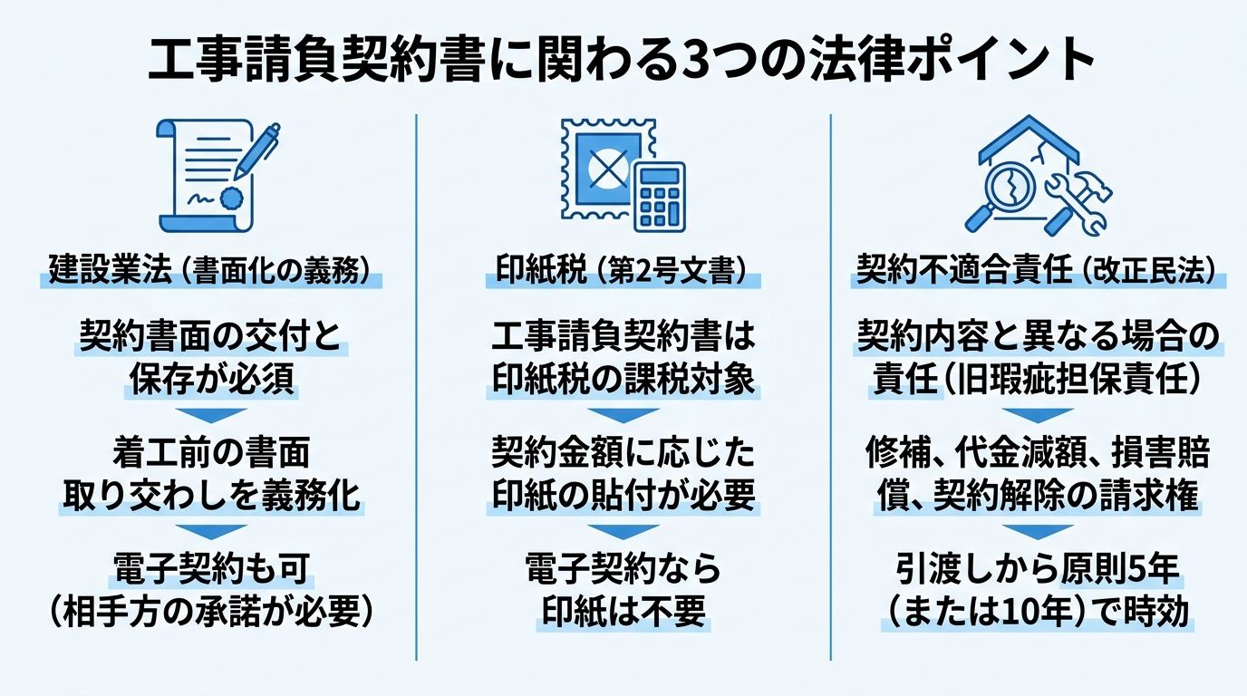 工事請負契約書に関わる3つの法律(建設業法・印紙税・契約不適合責任)を整理した図