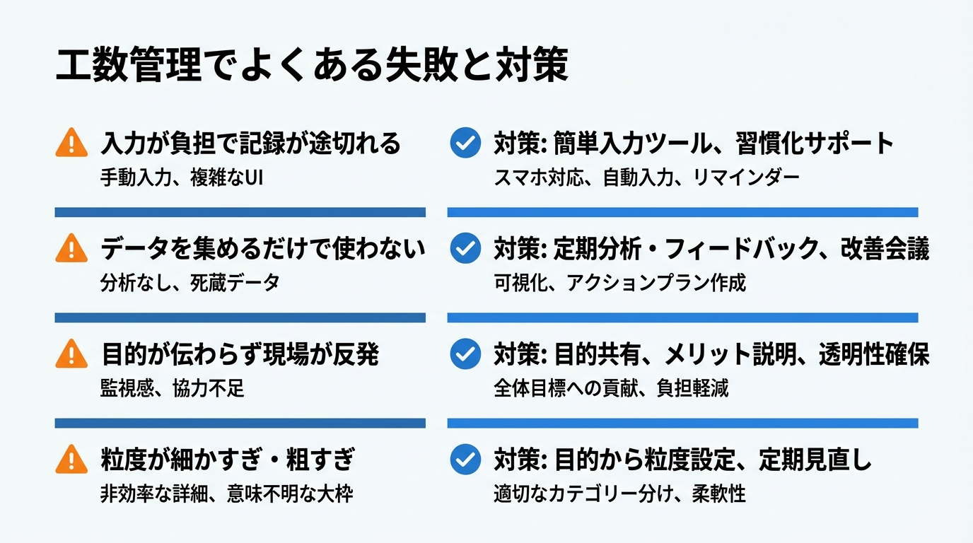 工数管理でよくある失敗4つと対策を示したチェックリスト図