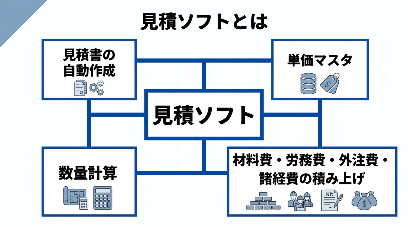 見積ソフトを中心に、見積書の自動作成・単価マスタ・数量計算・費目の積み上げの関係を示した概念図